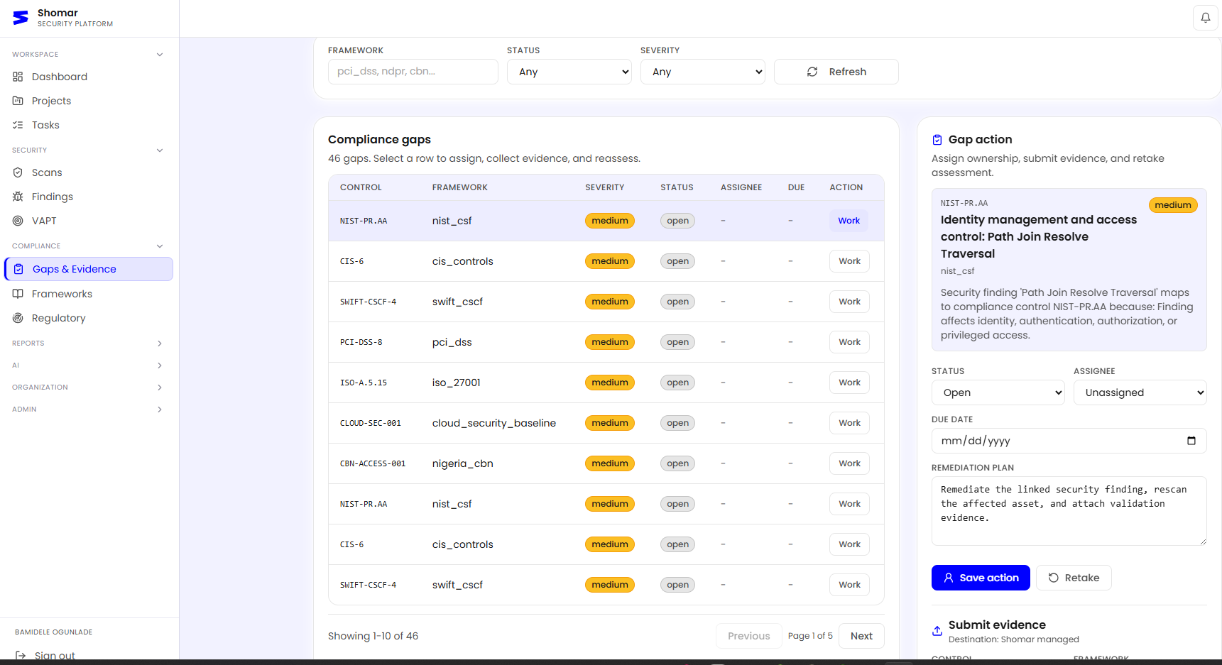 Compliance gaps screenshot